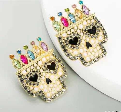 Vintage Halloween Skull Skeleton Women's Rhinestone Earrings Size ONE SIZE - 2 Thumbnail