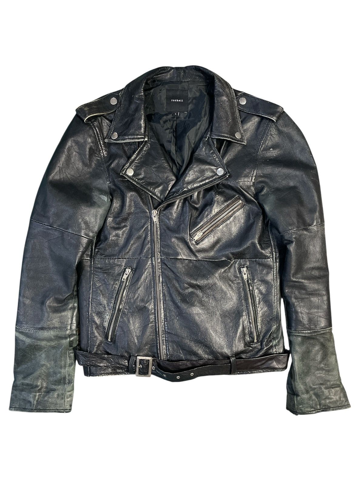 Japanese Brand 00s Roshell Sheepskins Leather Faded Biker Jacket Size US L / EU 52-54 / 3 - 1 Thumbnail