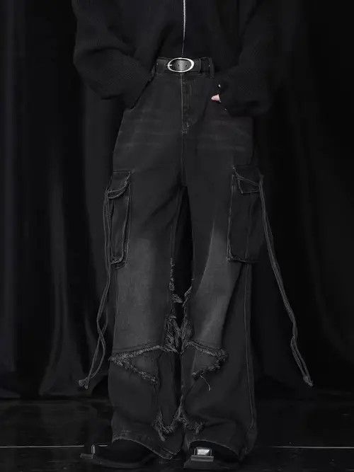 Japanese Brand Vintage Raw Hem Design Wide Leg Baggy Jeans Size US 34 / EU 50 - 2 Thumbnail