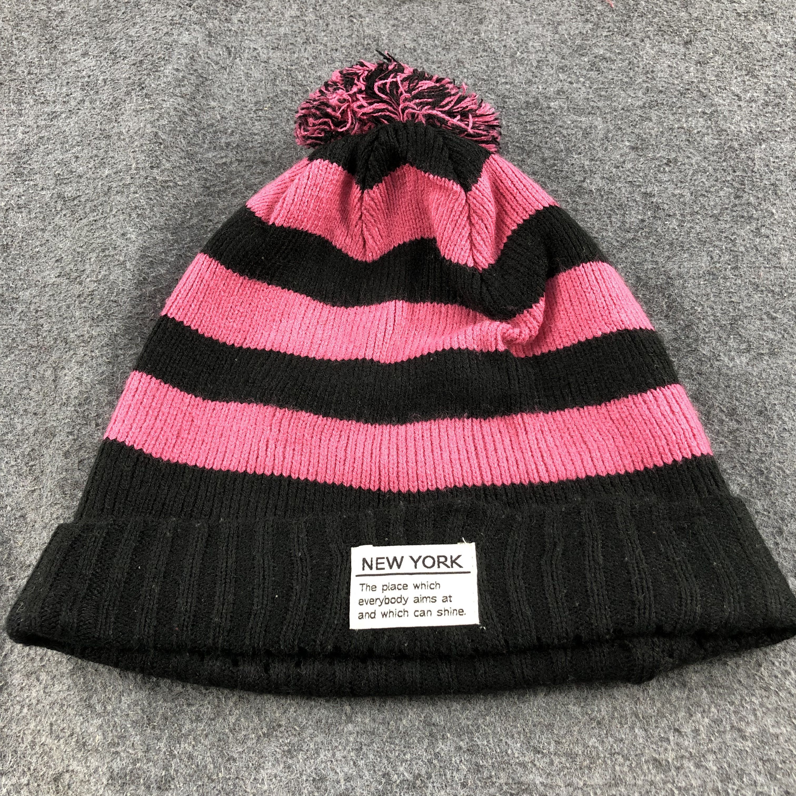 Vintage New York Pink Striped Bobble Beanie Snowcap Snow Hat B301 Size ONE SIZE - 3 Thumbnail