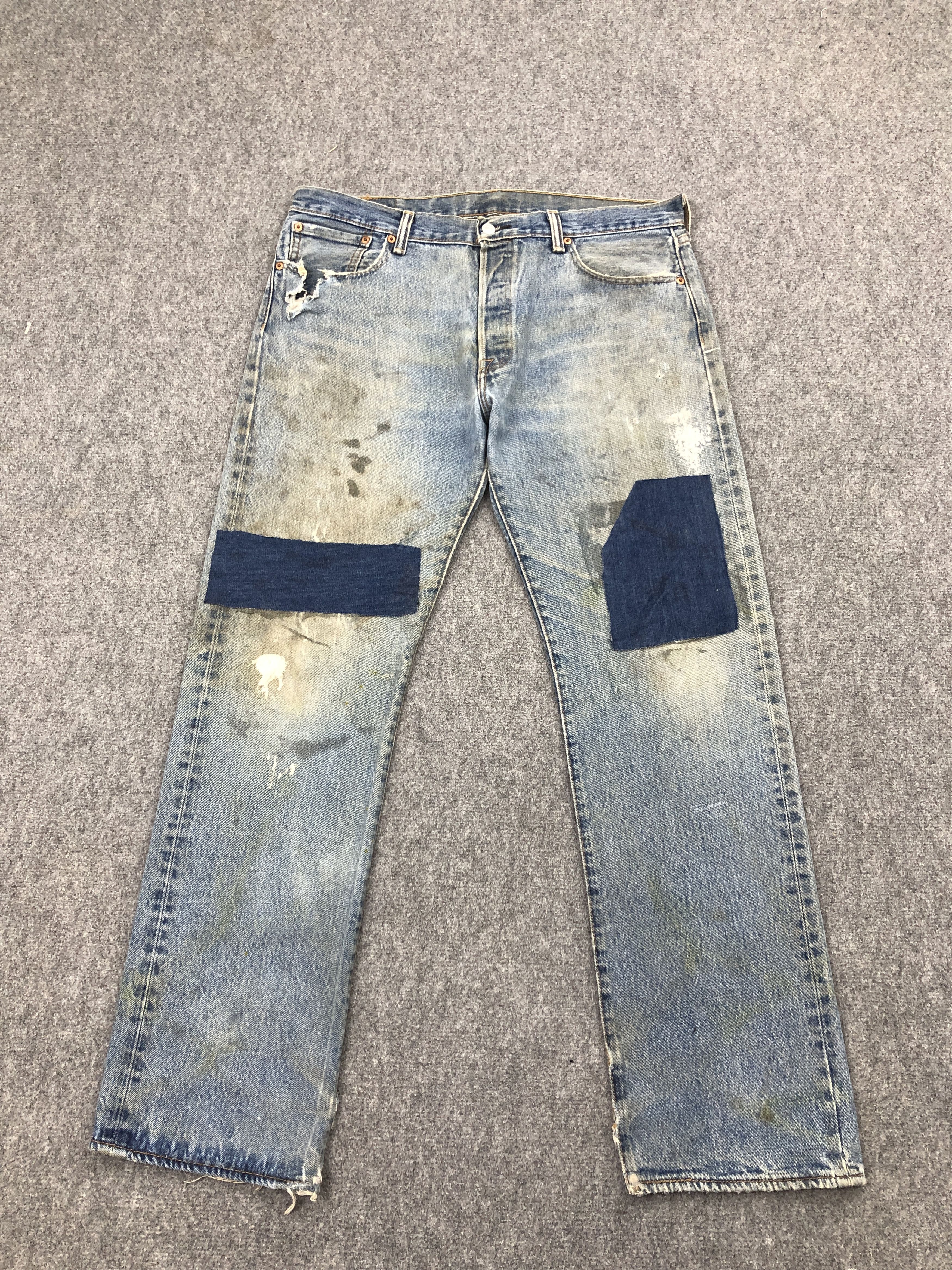 image of Levis 501 Distressed Faded Blue Dirty Jeans in Blue Denim, Men's (Size 36)