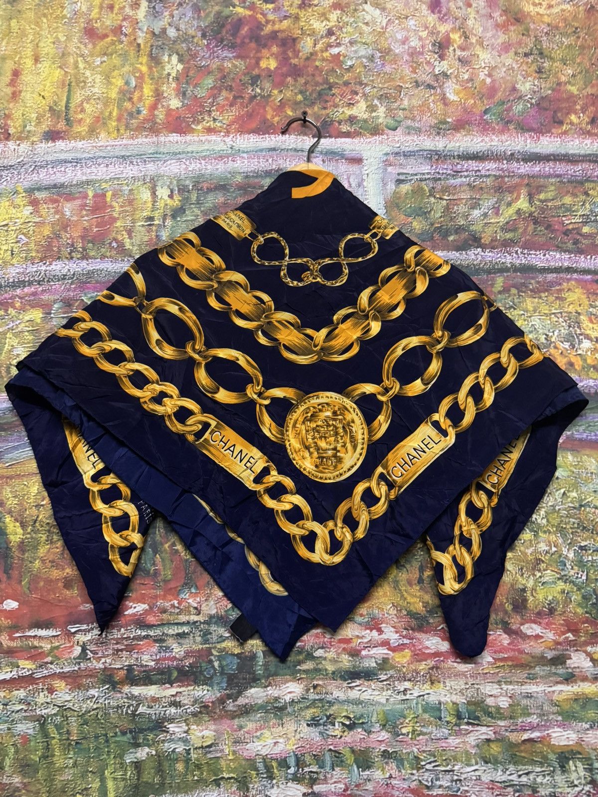 Chanel Authentic CHANEL navy gold slik scarf Size 34 - 2 Thumbnail