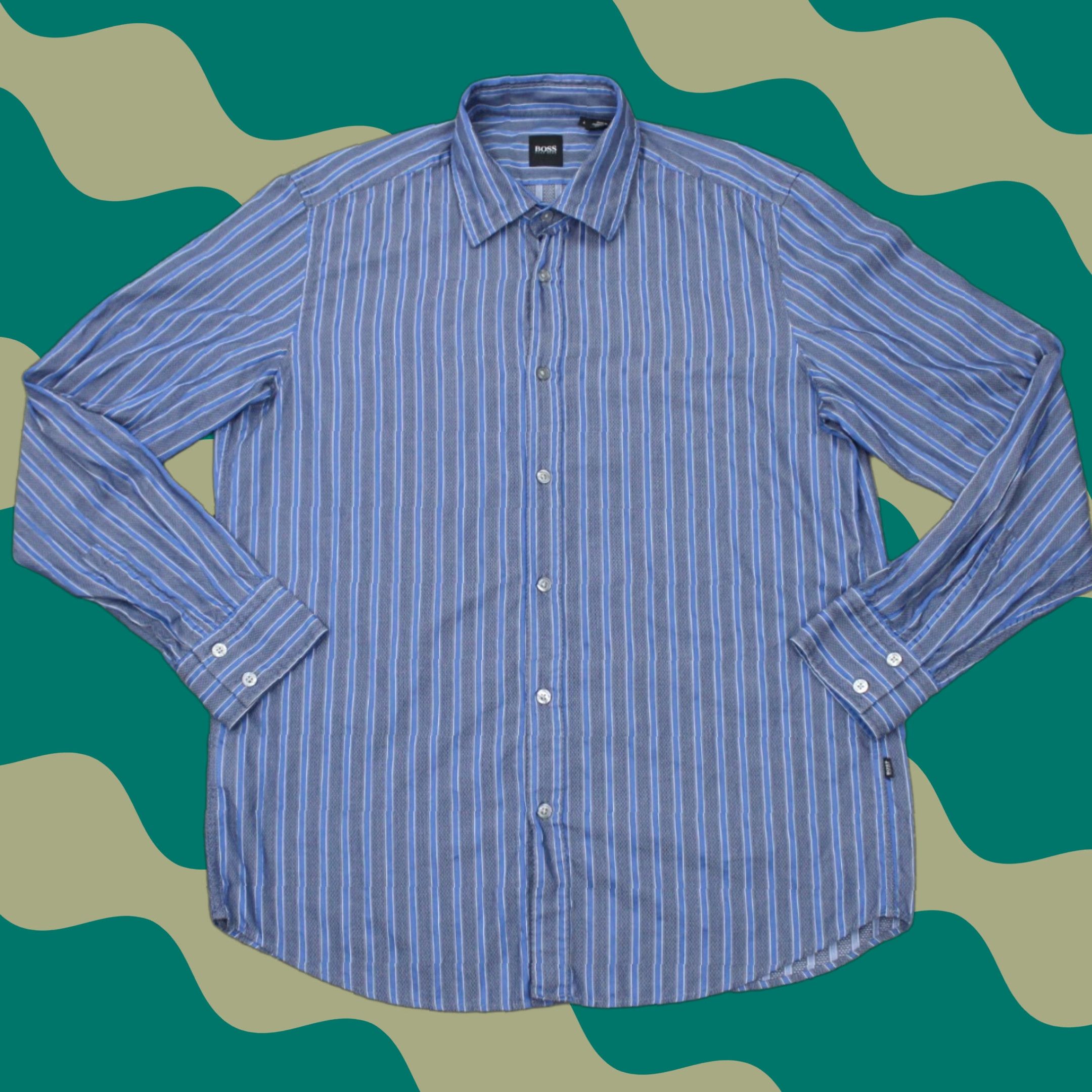 Hugo Boss HUGO BOSS Shirt Mens Large Striped Blue/Gray Cotton L/S Button-Up Lex Size US L / EU 52-54 / 3 - 1 Thumbnail