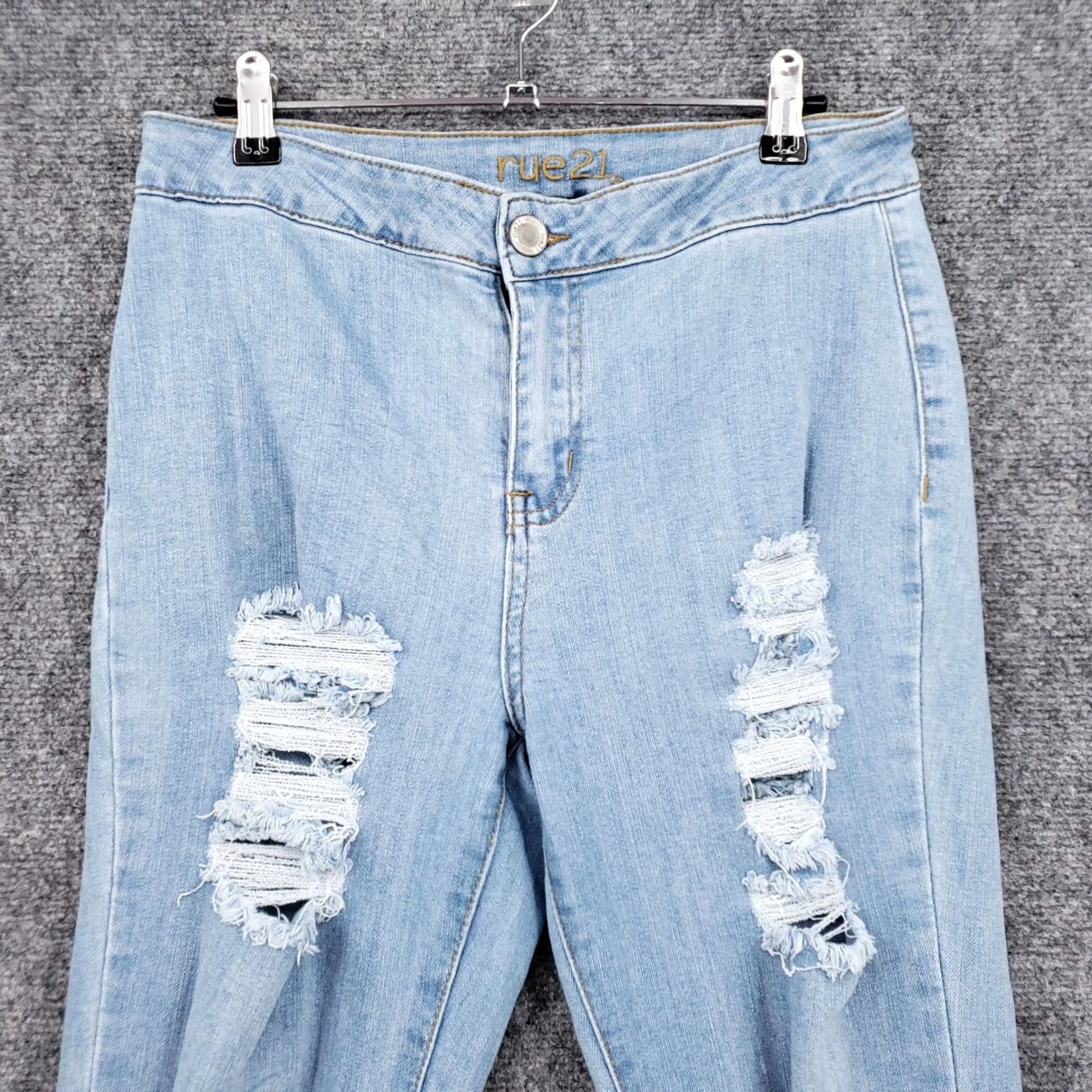 Vintage Rue21 Jeans Womens 7 Junior Blue Flare Bell Bottom Ripped Light Wash Stretch Y2K Jeans Size 28" / US 6 / IT 42 - 3 Thumbnail