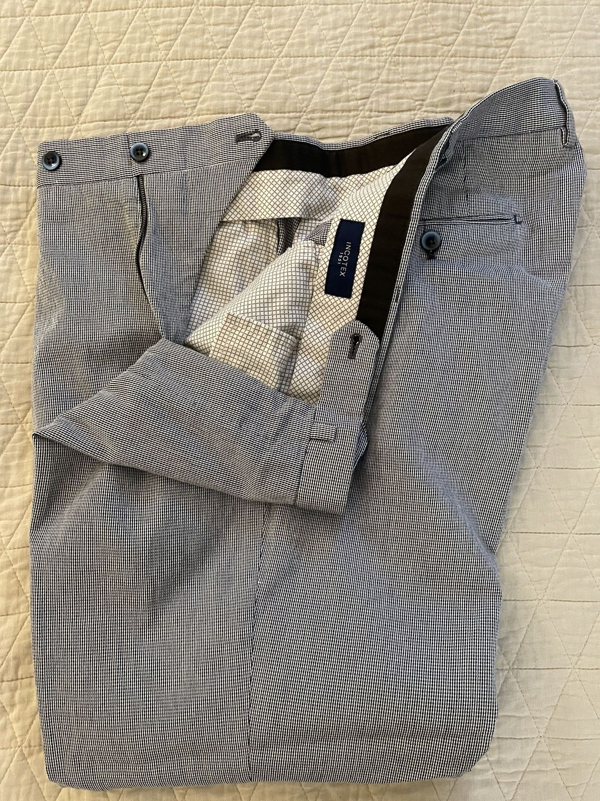 Incotex Textured Cotton Micro Check Flat Front Trouser Size US 40 / EU 56 - 2 Thumbnail