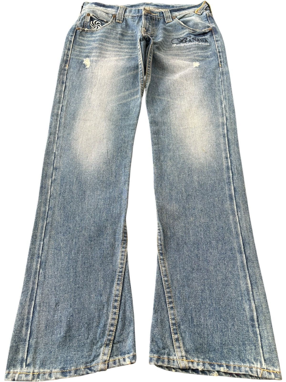 Japanese Brand Vintage Banana Seven Distressed Embroidery Bootcut Jeans Size 31" - 1 Thumbnail