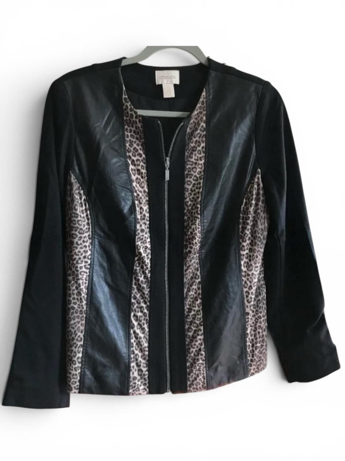 Chicos Chico's Black and Leopard Print Zip-Up Jacket Size 0 Size XS / US 0-2 / IT 36-38 - 1 Thumbnail