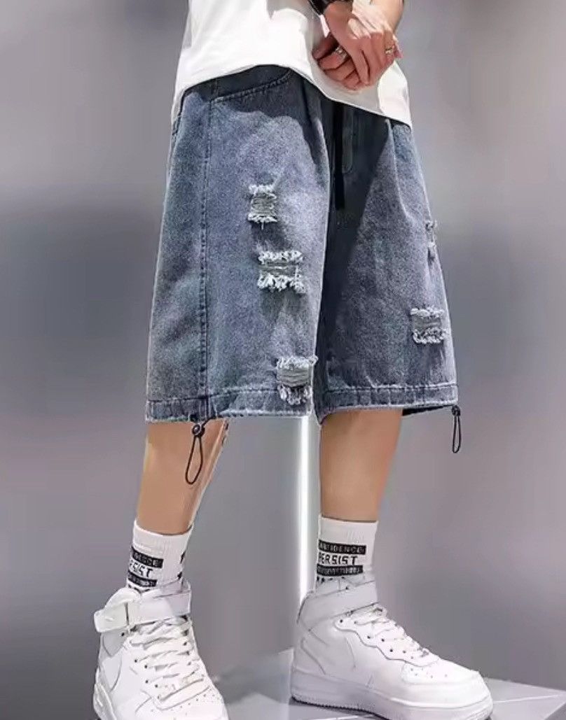 Jean Ripped Denim Cargo Shorts - Light Wash, Distressed Size US 29 - 1 Thumbnail