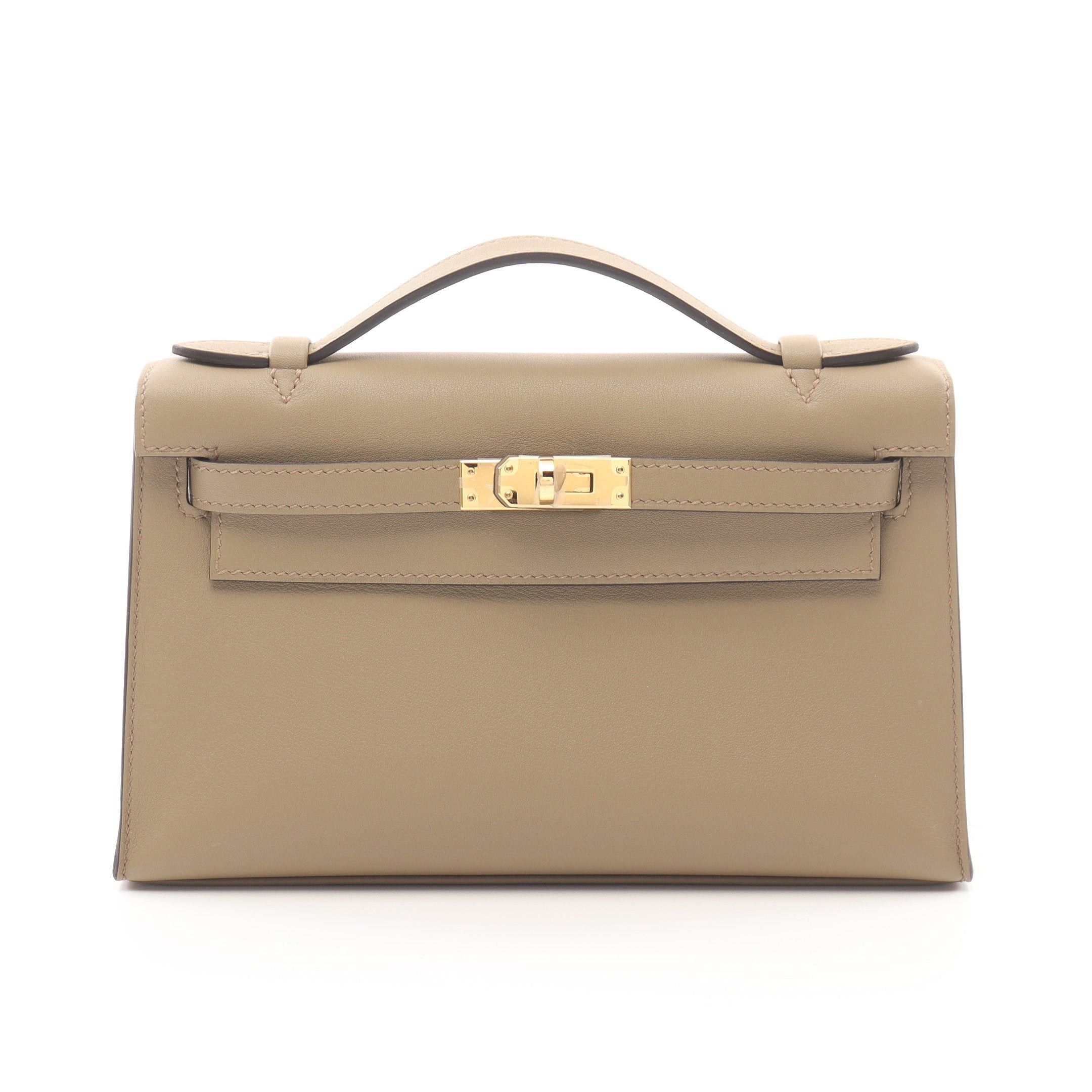 Hermes Pochette Kelly Mini Beige Marfa Handbag Veau Swift Gold Hardware Double Engraved