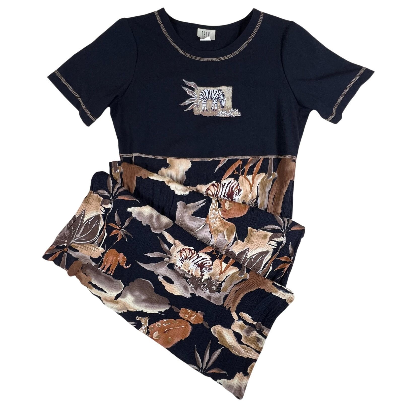 90s Safari Animal Rayon Maxi Dress M Boho Art Teacher Retro