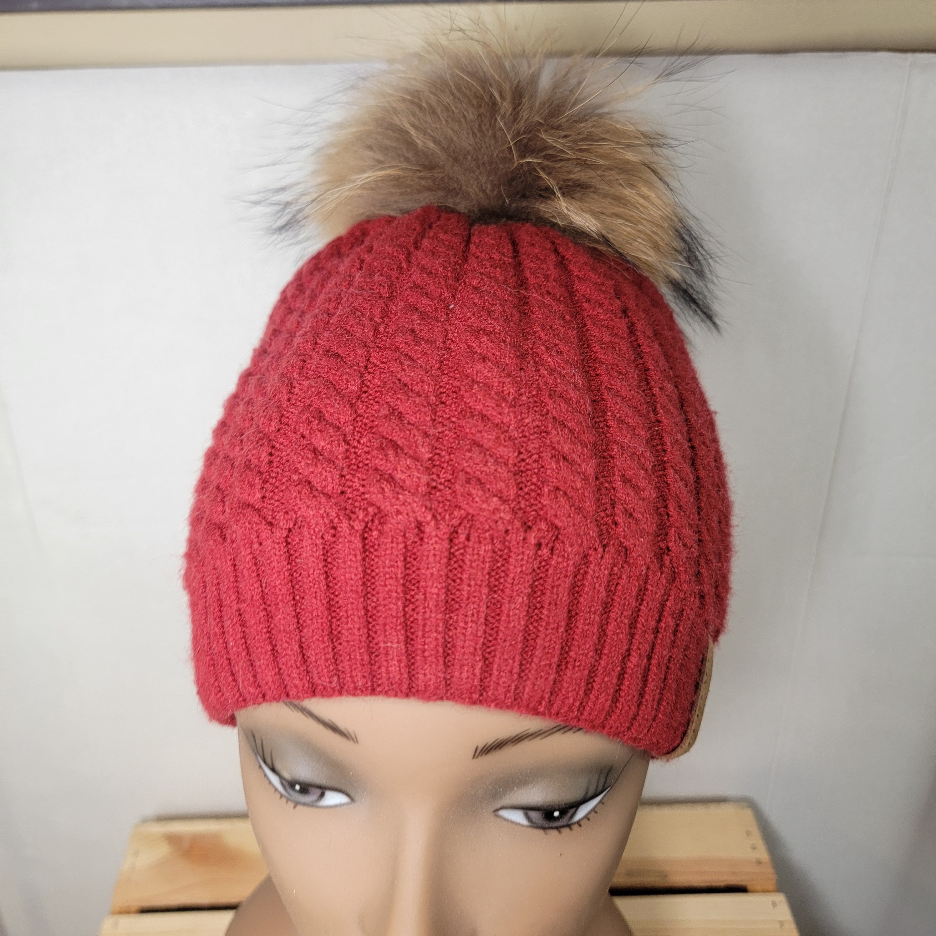 Other Furtalk Knit Maroon Beanie w/ Faux Fur Pom Pom Size ONE SIZE - 1 Thumbnail