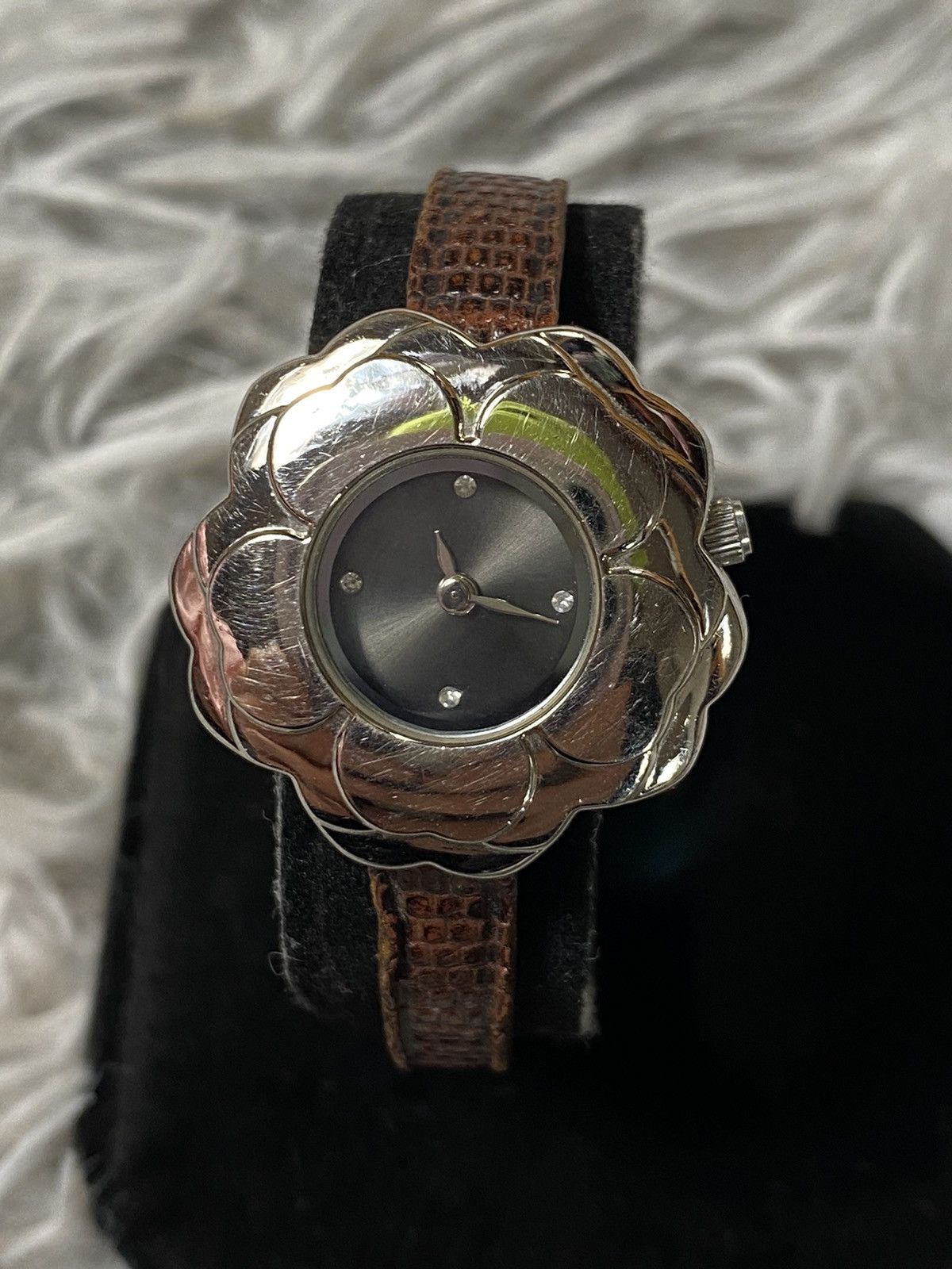 Jewelry Floral Silver Watch with Brown Strap - Japanese Brand Size ONE SIZE - 4 Thumbnail