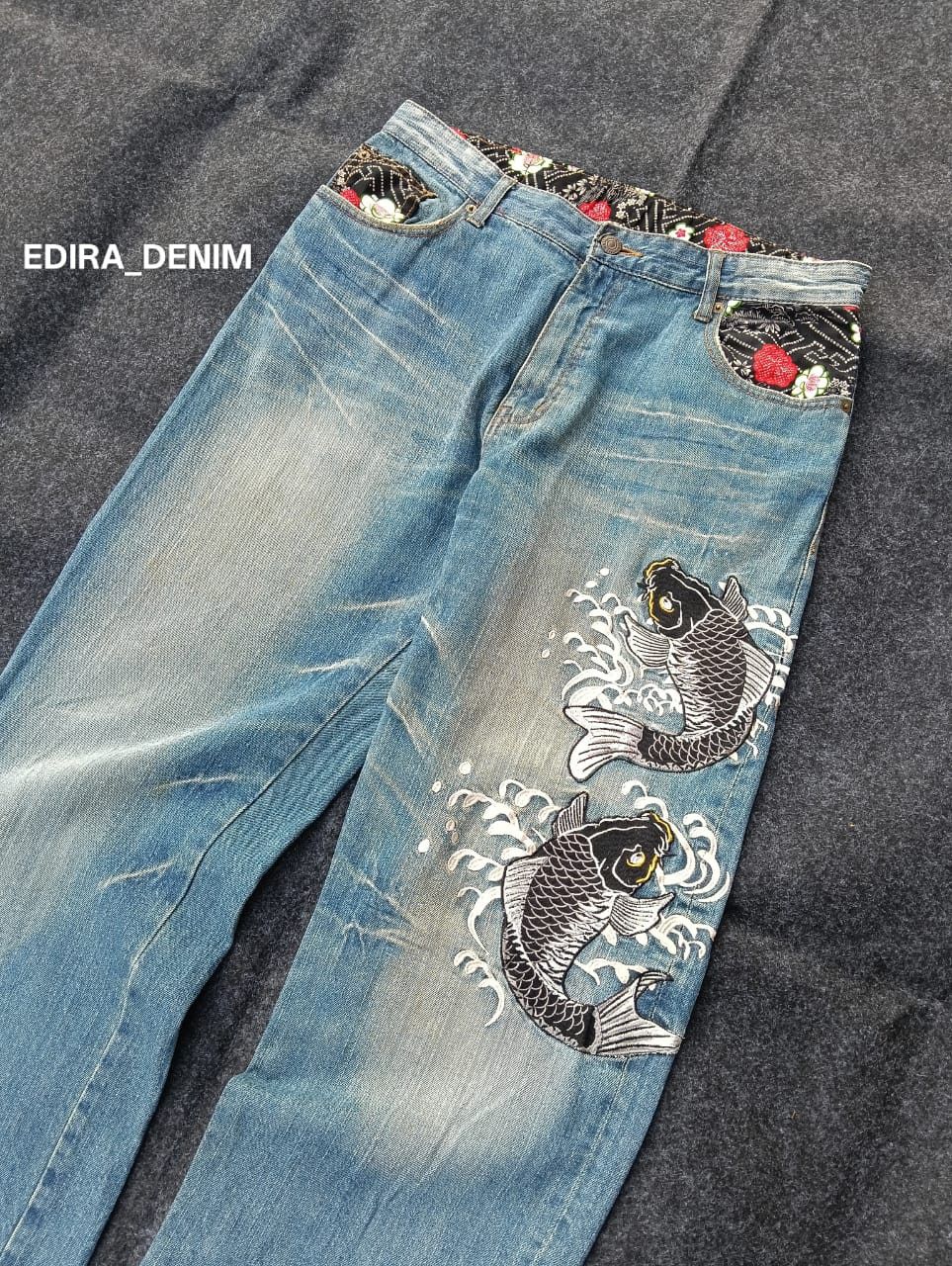Karakuri Tamashii Rare 🔥 DOMINATE Japanese Koi Fish Embroidered Denim Jeans. Size US 33 - 1 Thumbnail