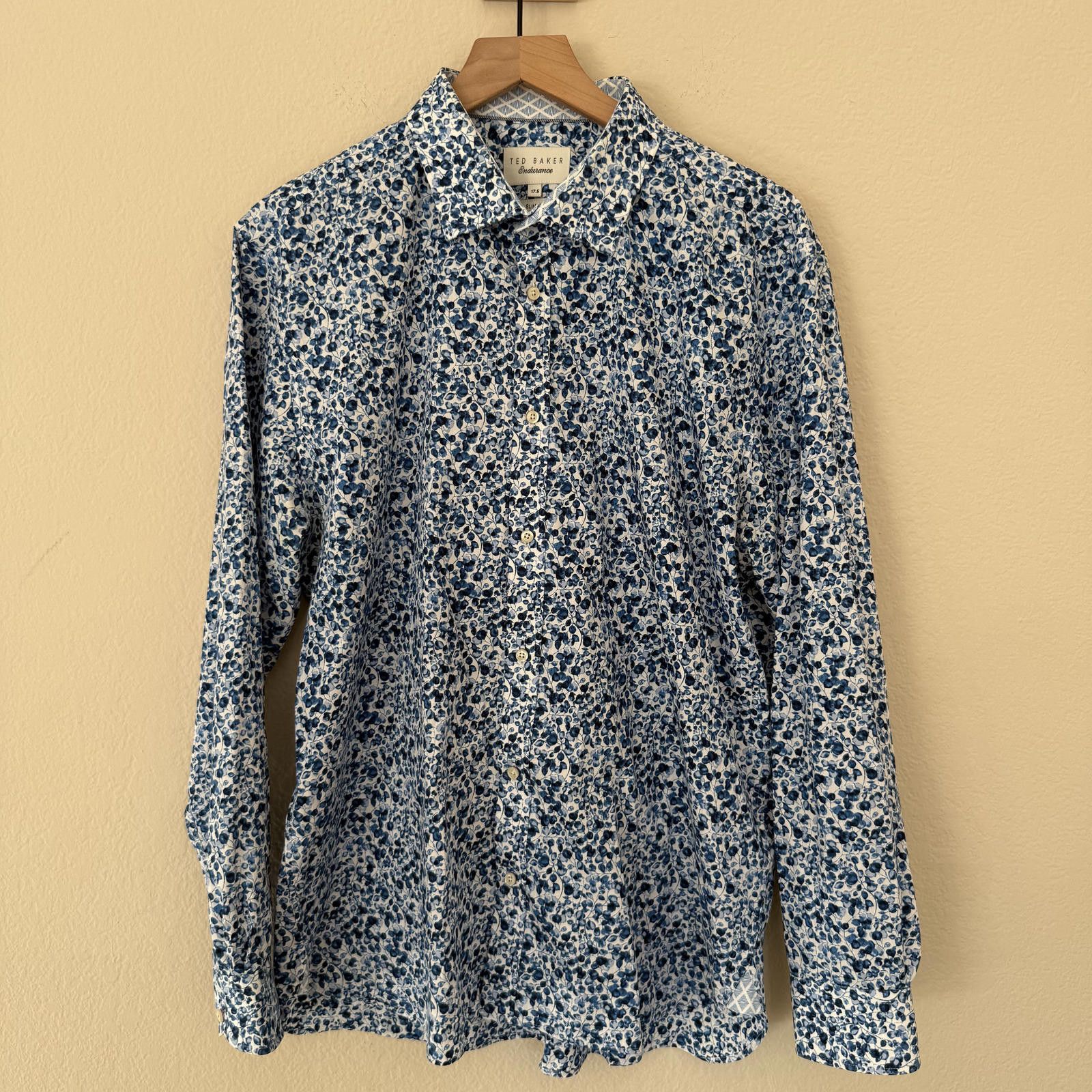 Ted Baker Ted Baker Shirt Men's 17.5 Blue Slim Fit Floral 100% Cotton Size US XL / EU 56 / 4 - 1 Thumbnail
