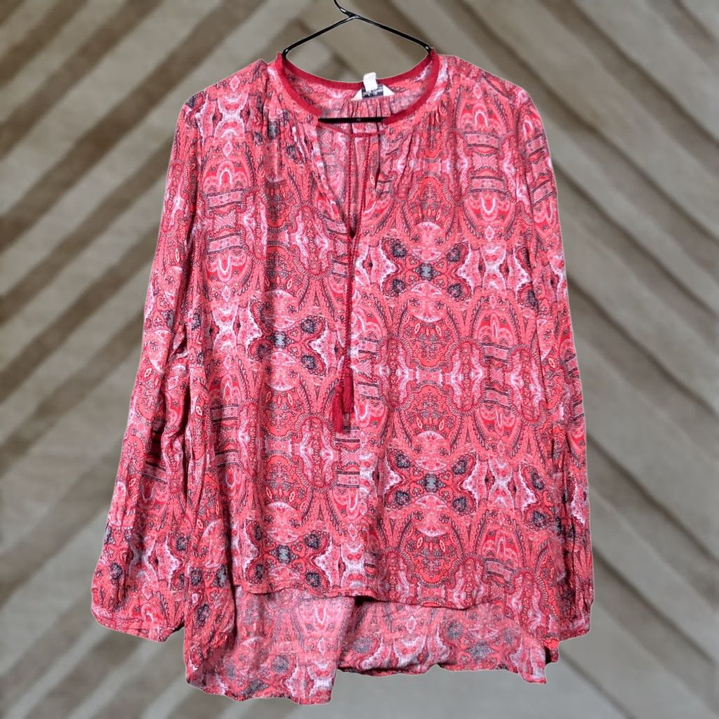 Lucky Brand Lucky Brand Blouse Womens Red Pink V-Neck Front Tie Long Sleeve Large XS- XXL? Size L / US 10 / IT 46 - 1 Thumbnail