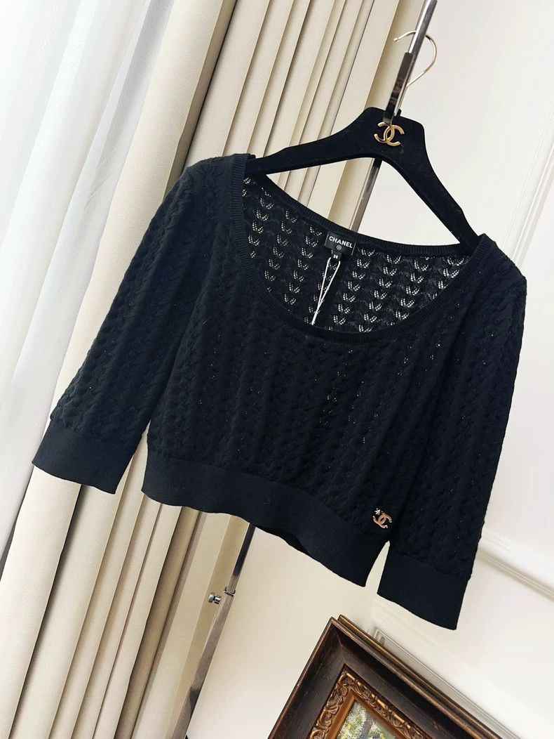 Chanel 24b black woven large collar knitted long sleeves