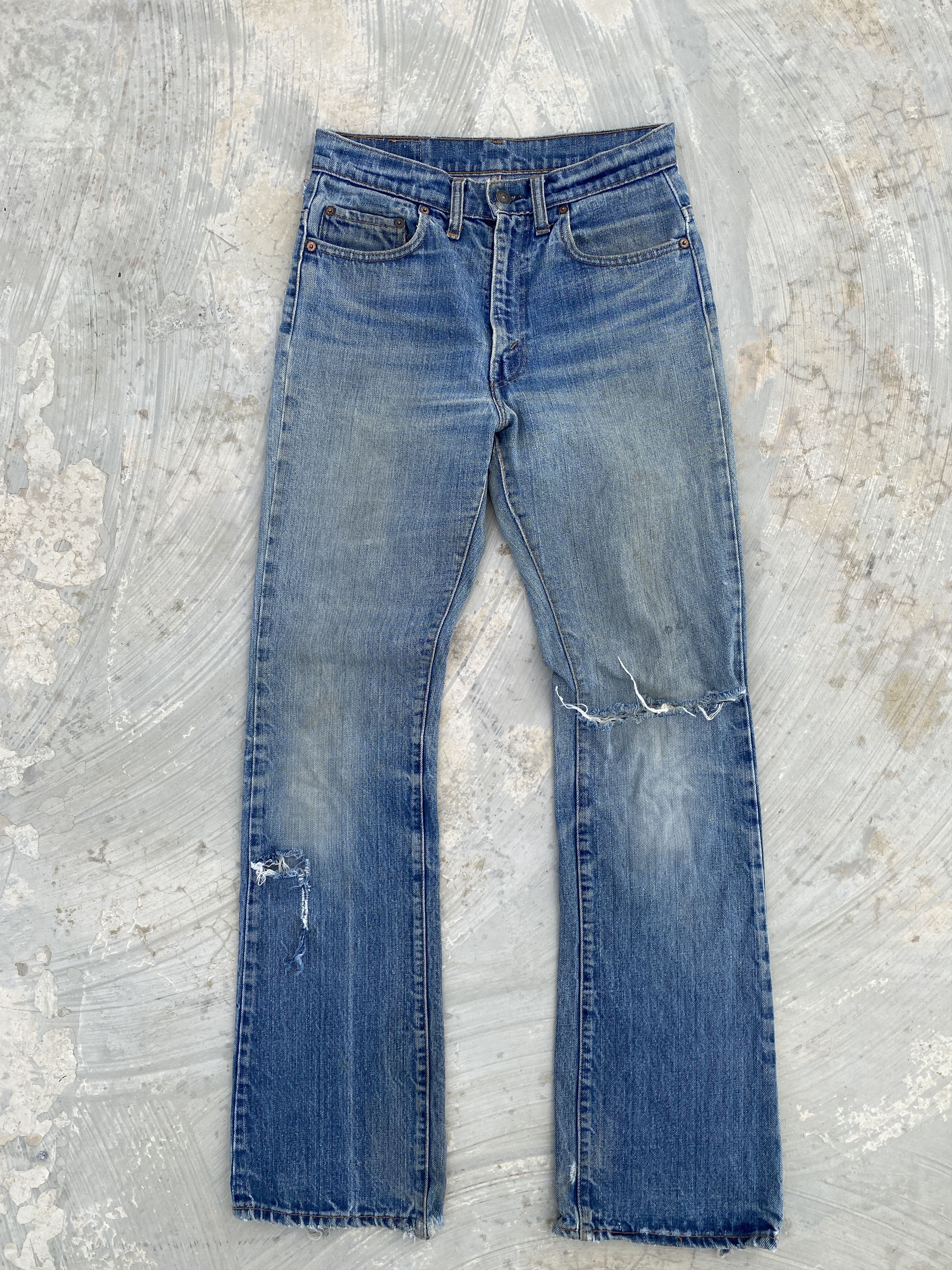 image of Distressed Denim x Levis Vintage 70's Levis 517 16 Distressed Flare Jeans in Indigo, Men's (Size 29