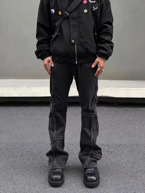 image of Vintage Raw Edge Washed Black Micro-Flared Jeans, Men's (Size 32)