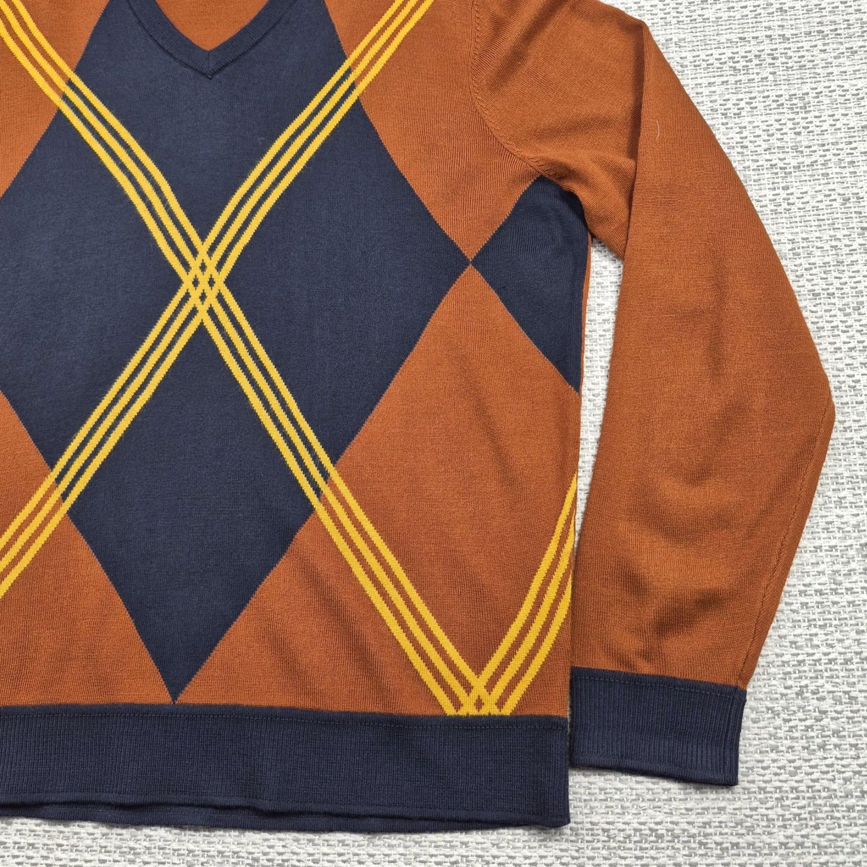 Murano Murano Mens Large Pullover Sweater V-Neck Argyle/Diamond Knit Acrylic Brown Navy Multicolor 90s Retro Size US L / EU 52-54 / 3 - 2 Thumbnail