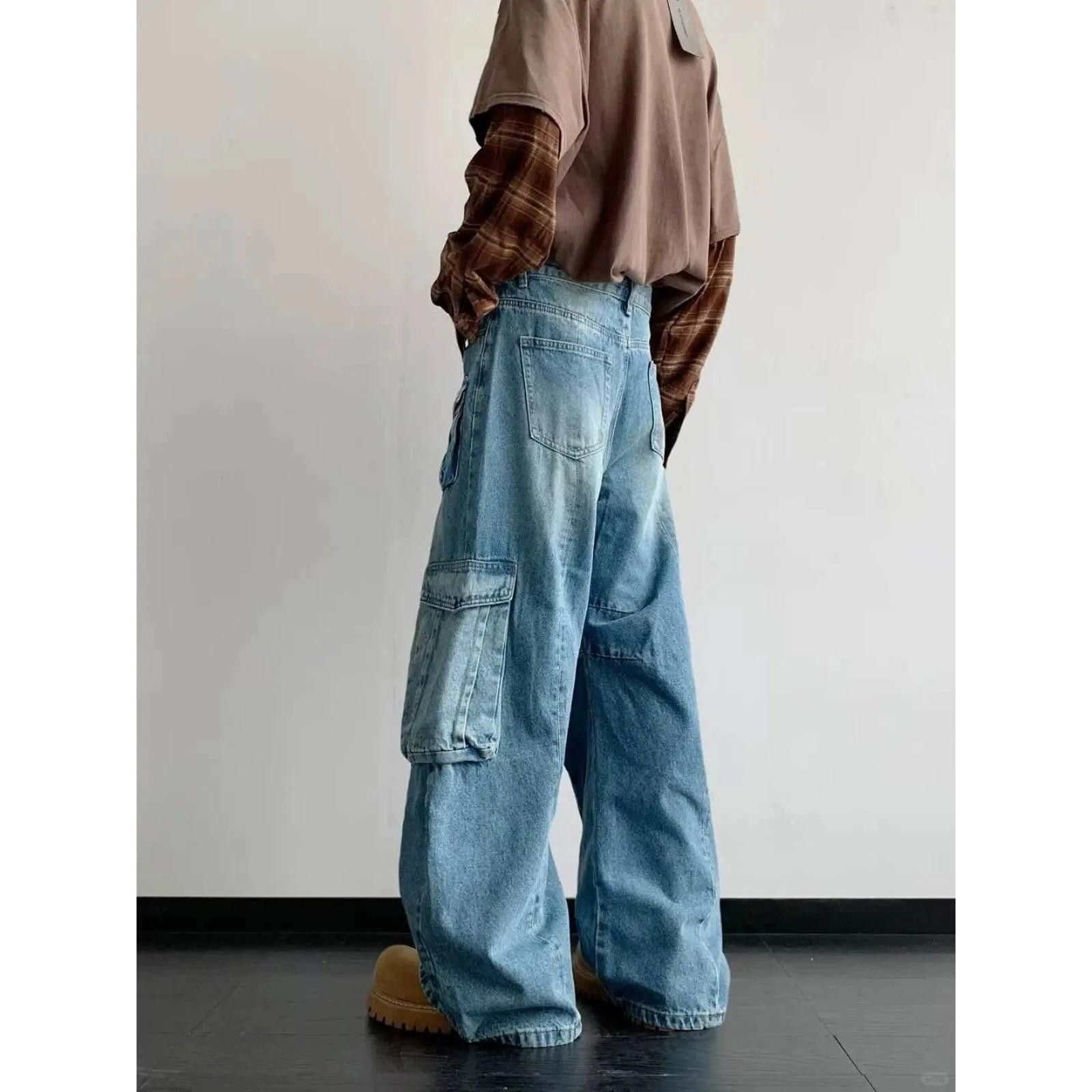 Japanese Brand Light Blue Baggy Cargo Jeans, Wide Leg Denim Pants Size US 32 / EU 48 - 6 Thumbnail