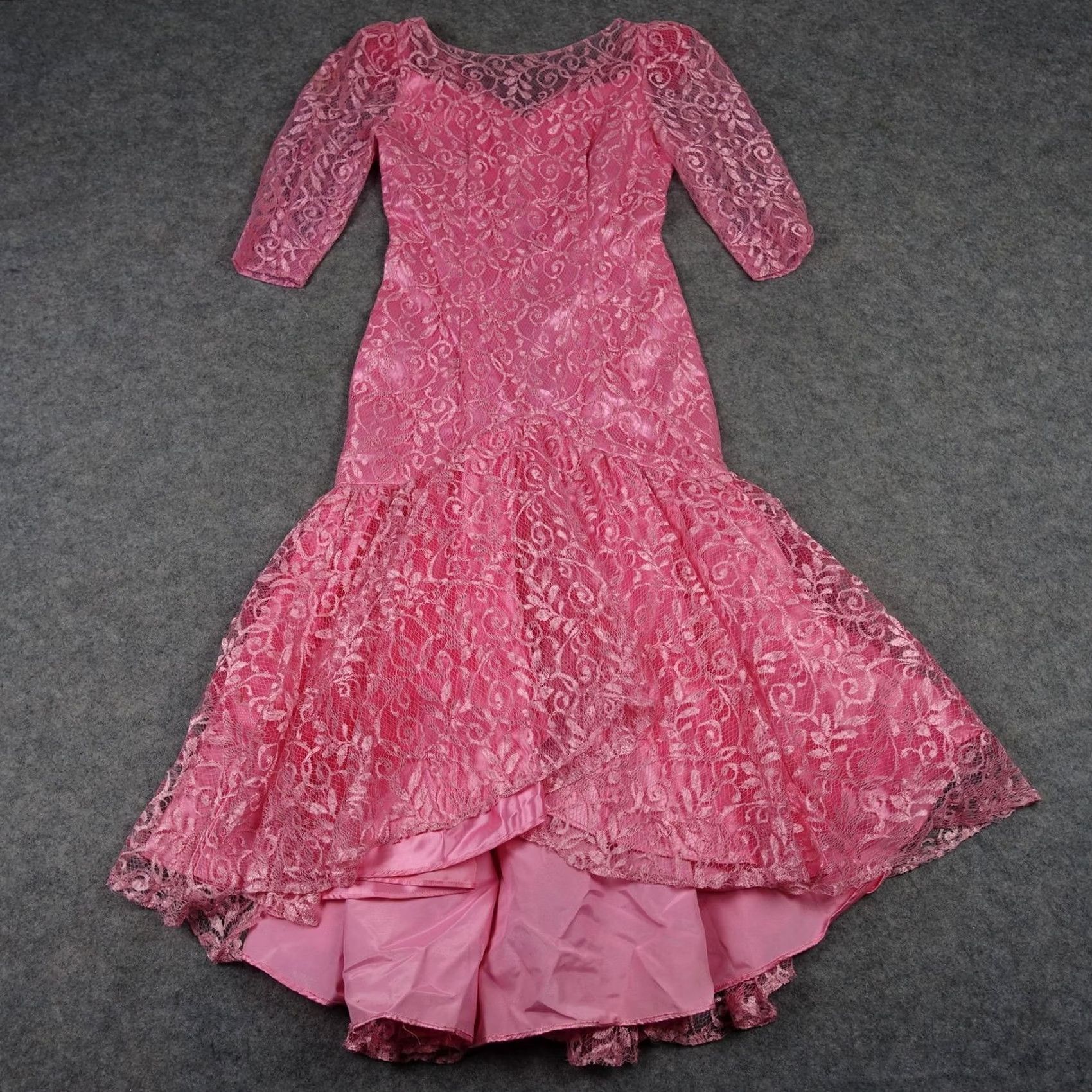 Pinko VINTAGE Pink Floral Lace Mermaid Dress Womens XS 3/4 Puff Sleeve Formal Gown VTG Size XS / US 0-2 / IT 36-38 - 2 Thumbnail