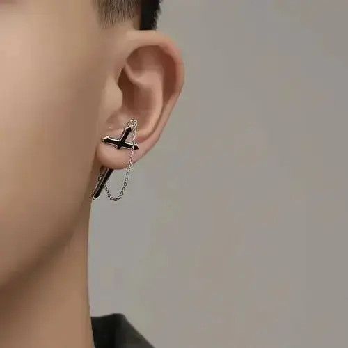 Sterling Silver Men's cross earrings with chain Size ONE SIZE - 3 Thumbnail