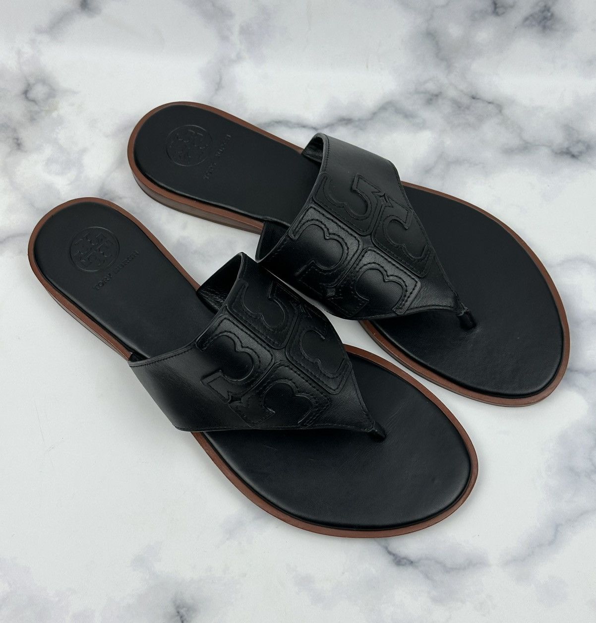 Tory Burch Tory Burch Jamie Black Leather Thong Sandals Logo Flip Flops Size US 7.5 / IT 37.5 - 2 Thumbnail