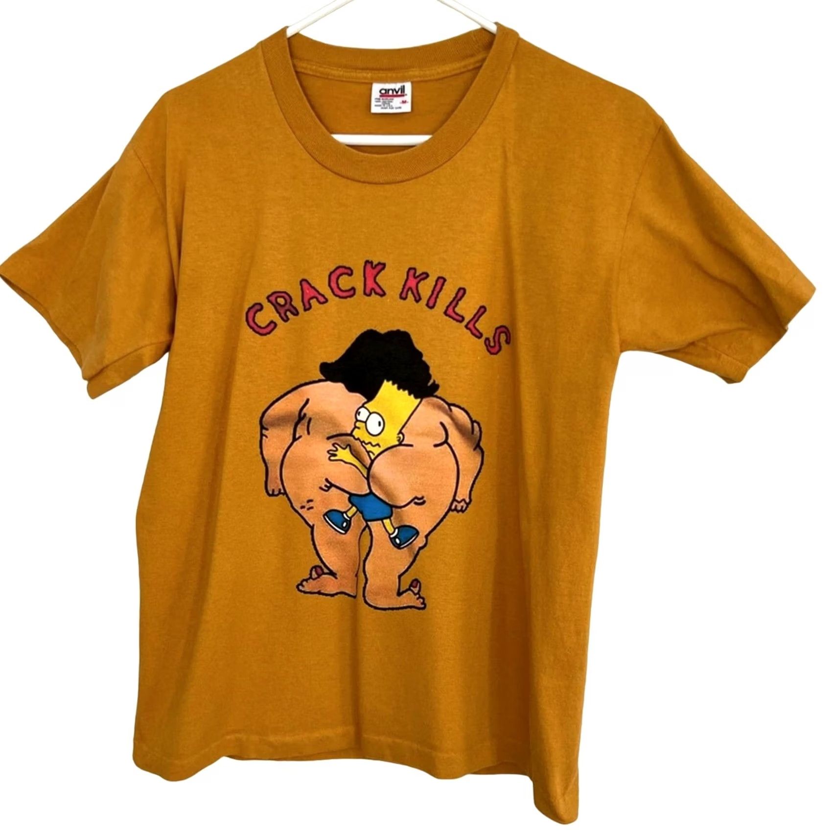 Anvil VINTAGE Crack Kills Bart Simpson Shirt Medium Mens Tan 90s USA Anvil Single Stitch Size M Size US M / EU 48-50 / 2 - 4 Thumbnail