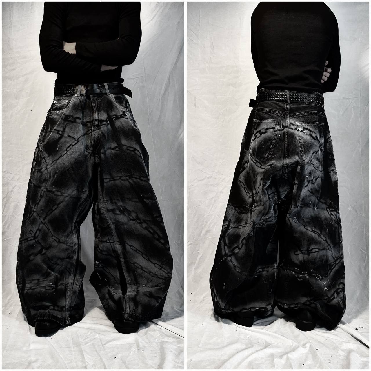 Japanese Brand Black Wide jeans with Chains Handmade Baggy Y2K Streetwear Size US 36 / EU 52 - 1 Thumbnail