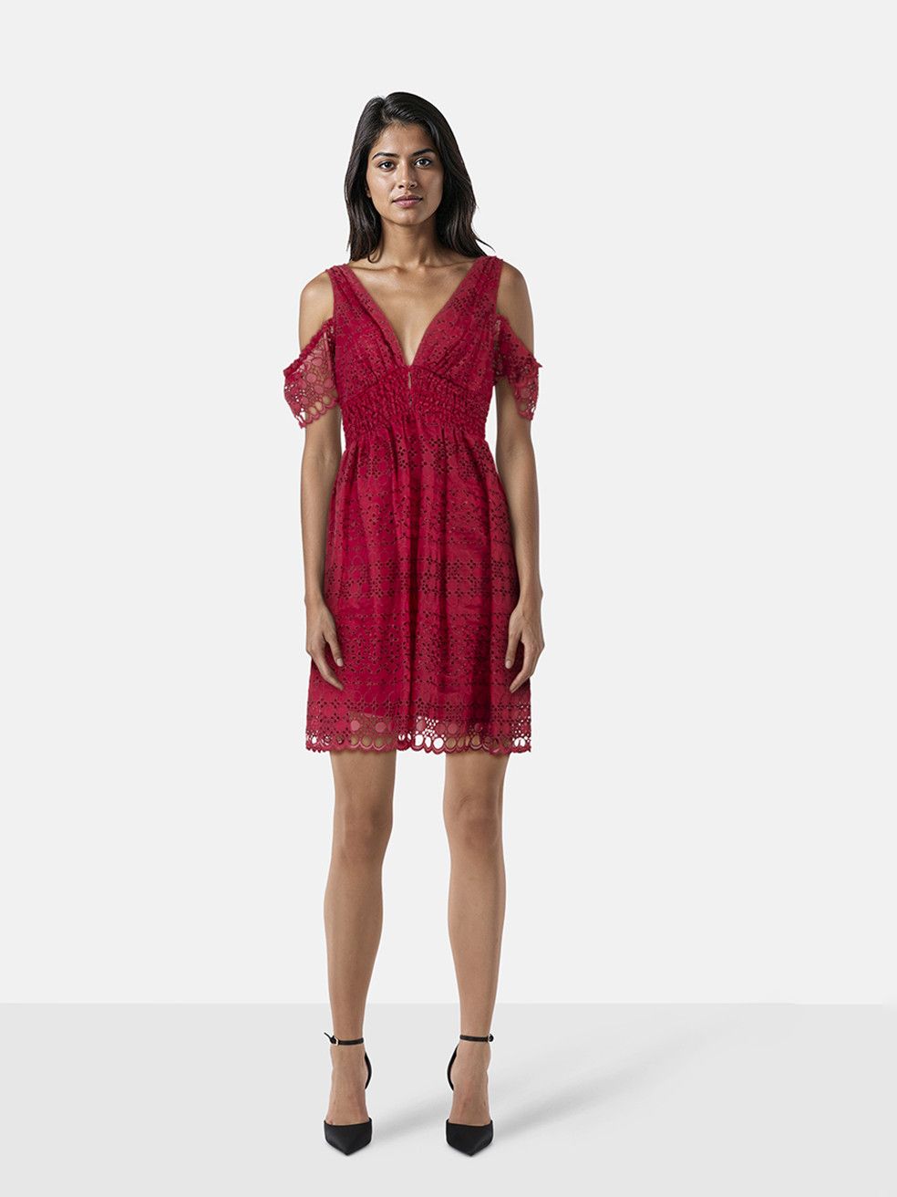 Self-Portrait Red Broderie Anglaise Cold Shoulder Dress Size L / US 10 / IT 46 - 1 Thumbnail