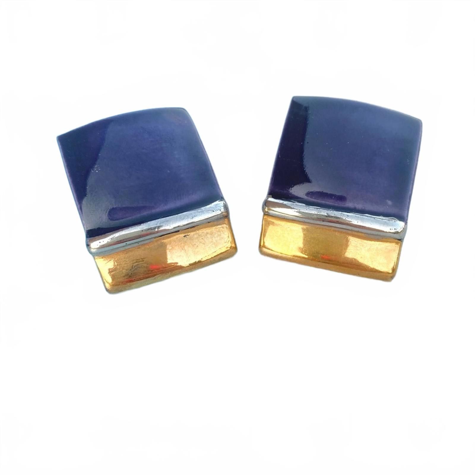 Other Vintage 80s Indigo Ceramic Gold Silver Rectangle Earrings Size ONE SIZE - 4 Thumbnail