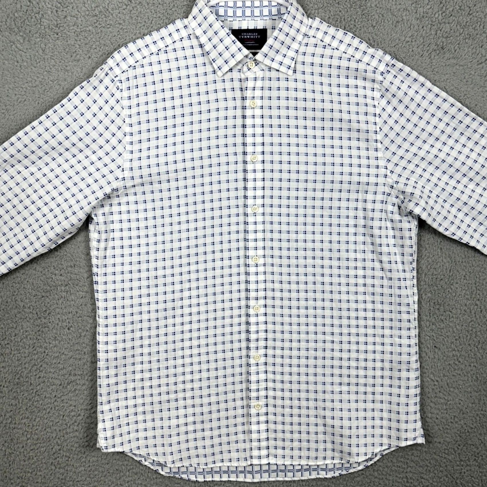 Charles Tyrwhitt CHARLES TYRWHITT Dress Shirt Men Large Slim Fit White Blue Check Button Down EUC Shirt Dress Shirt Size 42R - 3 Thumbnail