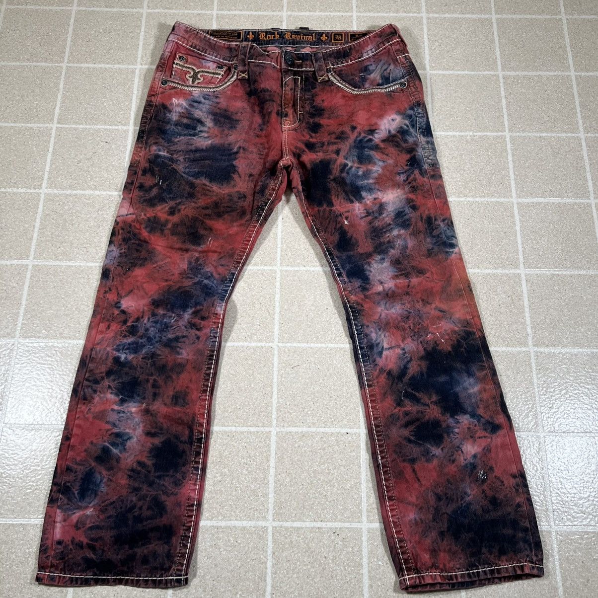 Rock Revival Rock Revival Dan Straight Jeans 38x32 Red Blue Tie Dye Pants Size US 38 / EU 54 - 4 Thumbnail