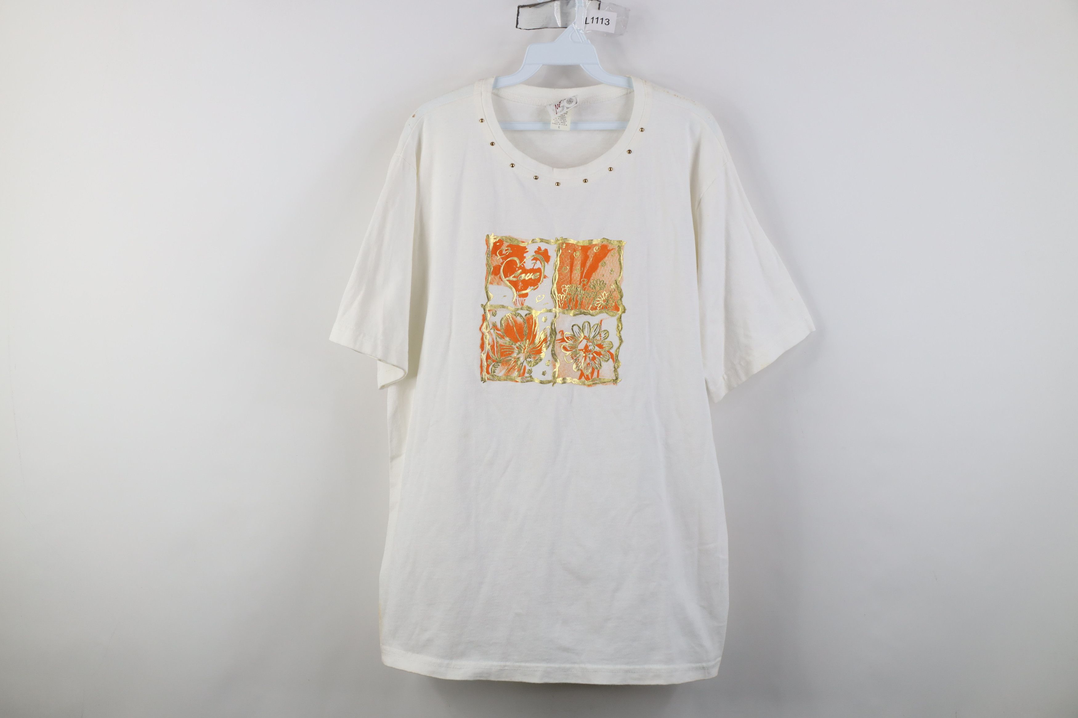Vintage Vintage 90s Streetwear Studded Flower Love T-Shirt USA Size L / US 10 / IT 46 - 1 Thumbnail
