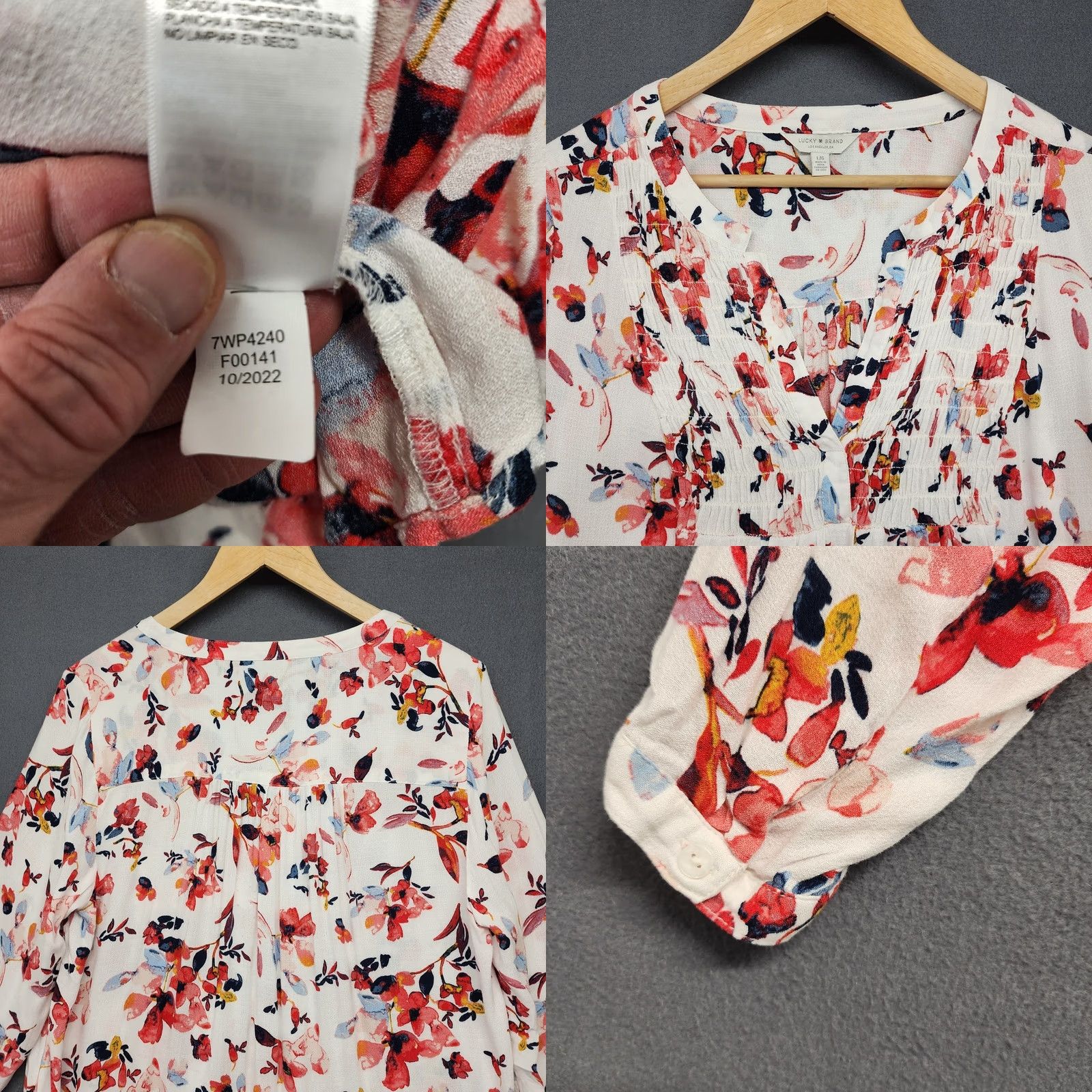 Lucky Brand Lucky Brand Top Womens Large White Red Floral Popover Ruched V Neck Lightweight Blouse Long Sleeve Size L / US 10 / IT 46 - 8 Thumbnail