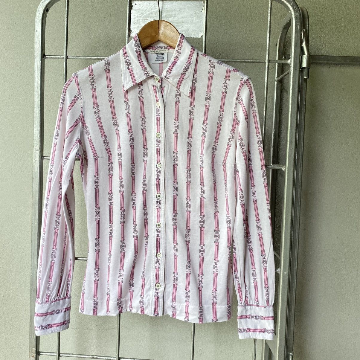 Celine Vintage Celine Pink Chain Print Shirt Size S / US 4 / IT 40 - 1 Thumbnail