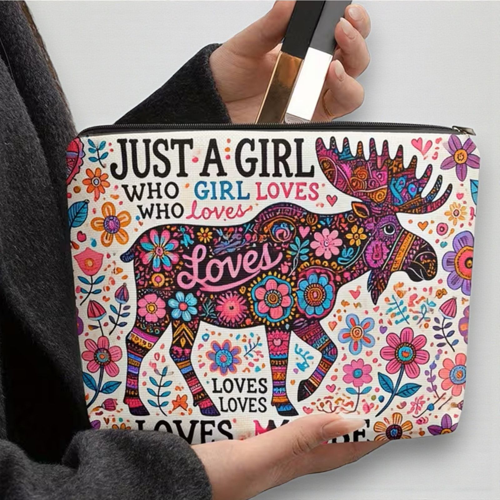 Other Just a Girl Who Loves Moose Linen Cosmetic Bag Makeup Pouch Size ONE SIZE - 4 Thumbnail
