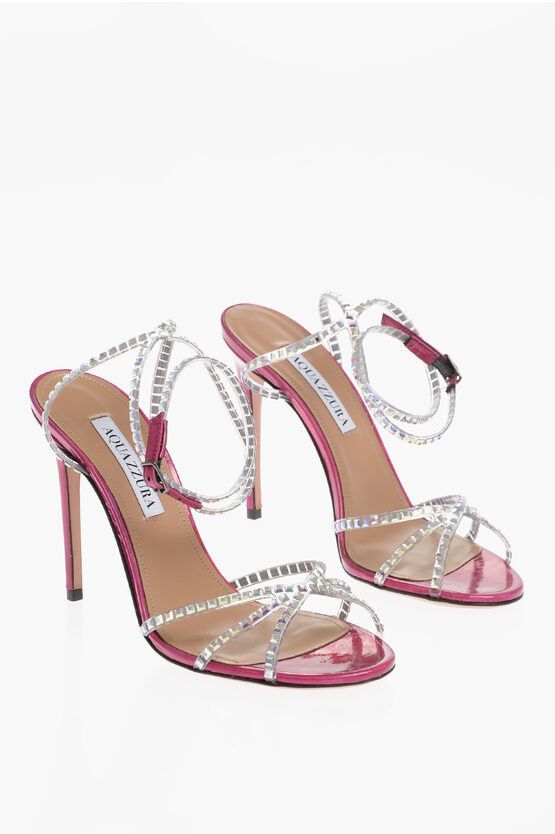 image of Aquazzura Leather Dance Plaxi Ankle-Strap Sandals With Rhinestone Embe in Pink, Women's (Size 8)
