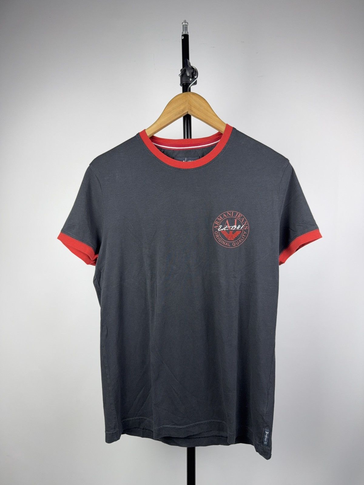 Armani Retro 00s Armani Jeans Red Trim Logo Ringer T-Shirt Navy Size US L / EU 52-54 / 3 - 1 Thumbnail