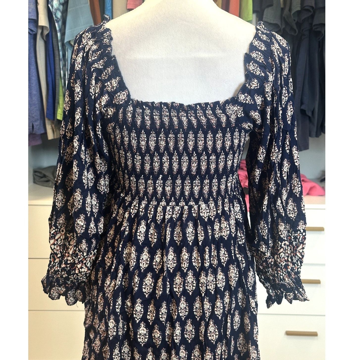 Other Angie Women's Boho Mini Paisley Blue 3/4 Sleeve Neck Dress S Size S / US 4 / IT 40 - 6 Thumbnail