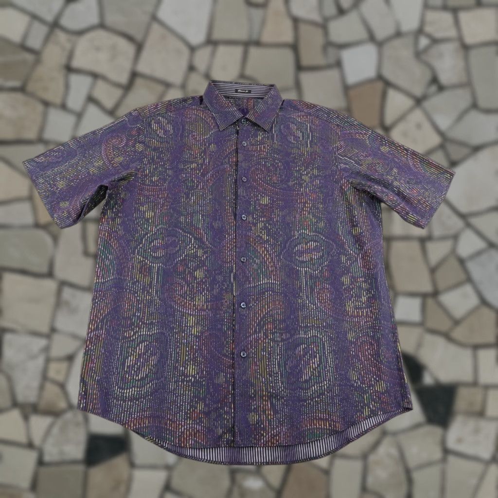 BUGATCHI VINTAGE Bugatchi Uomo Shirt Men XL Purple Green Stripes Paisley Button-Up Short Sleeve Casual Classic Mens XL Purple Paisley 90s Style Size US XL / EU 56 / 4 - 1 Thumbnail