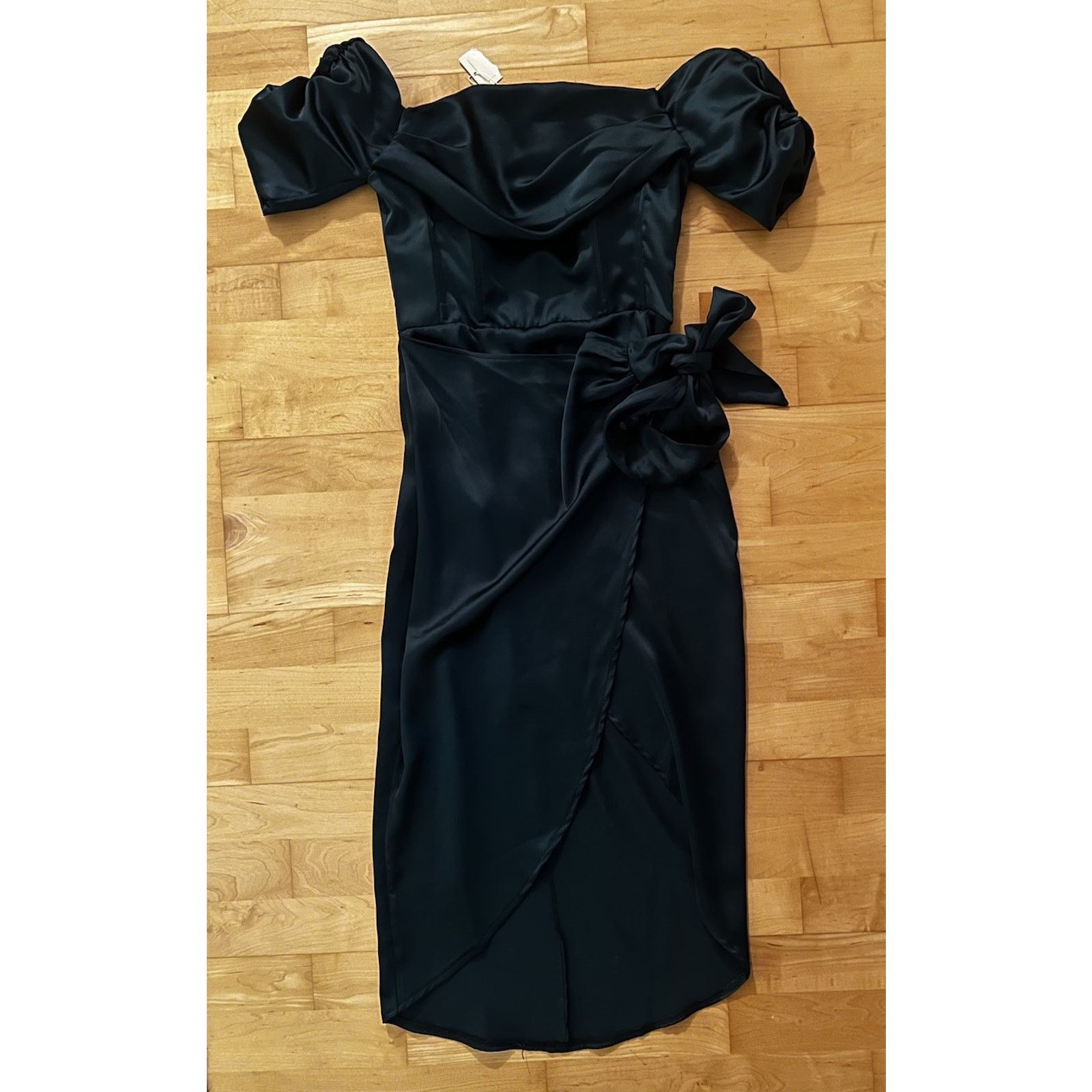 Designer NWT Flounce London bardot ruched midi dress split wrap 4 Size S / US 4 / IT 40 - 4 Thumbnail