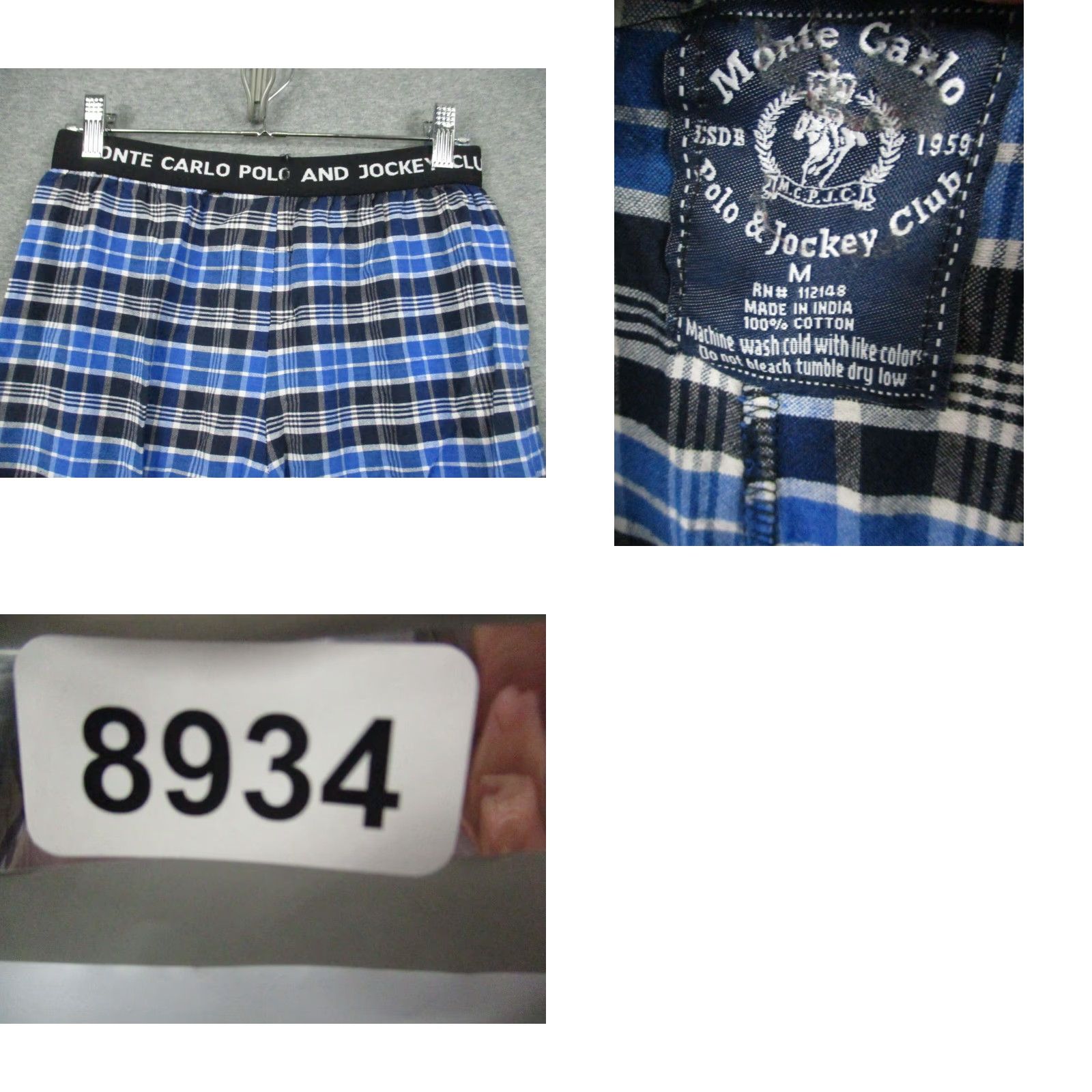 Vintage Monte Carlo Polo Pajama Pants Men Loungewear Blue Plaid Logo Cotton Regular Medium M Size US L / EU 52-54 / 3 - 8 Thumbnail