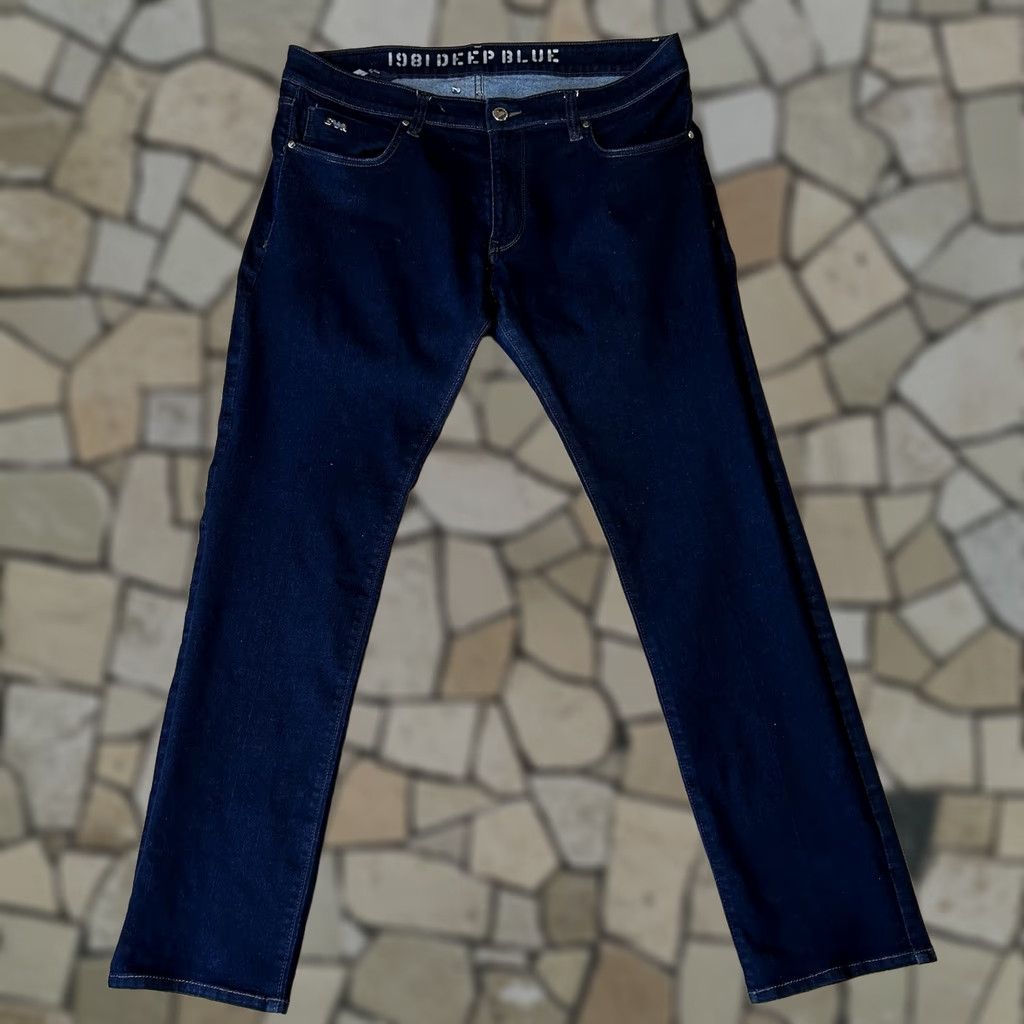 Vintage Emporio Armani Jeans 1981 Deep Blue Men’s 37 Denim Zip Slim 5-Pocket Mid Rise Logo Brand Clothing Mens Jeans Size US 37 - 1 Thumbnail