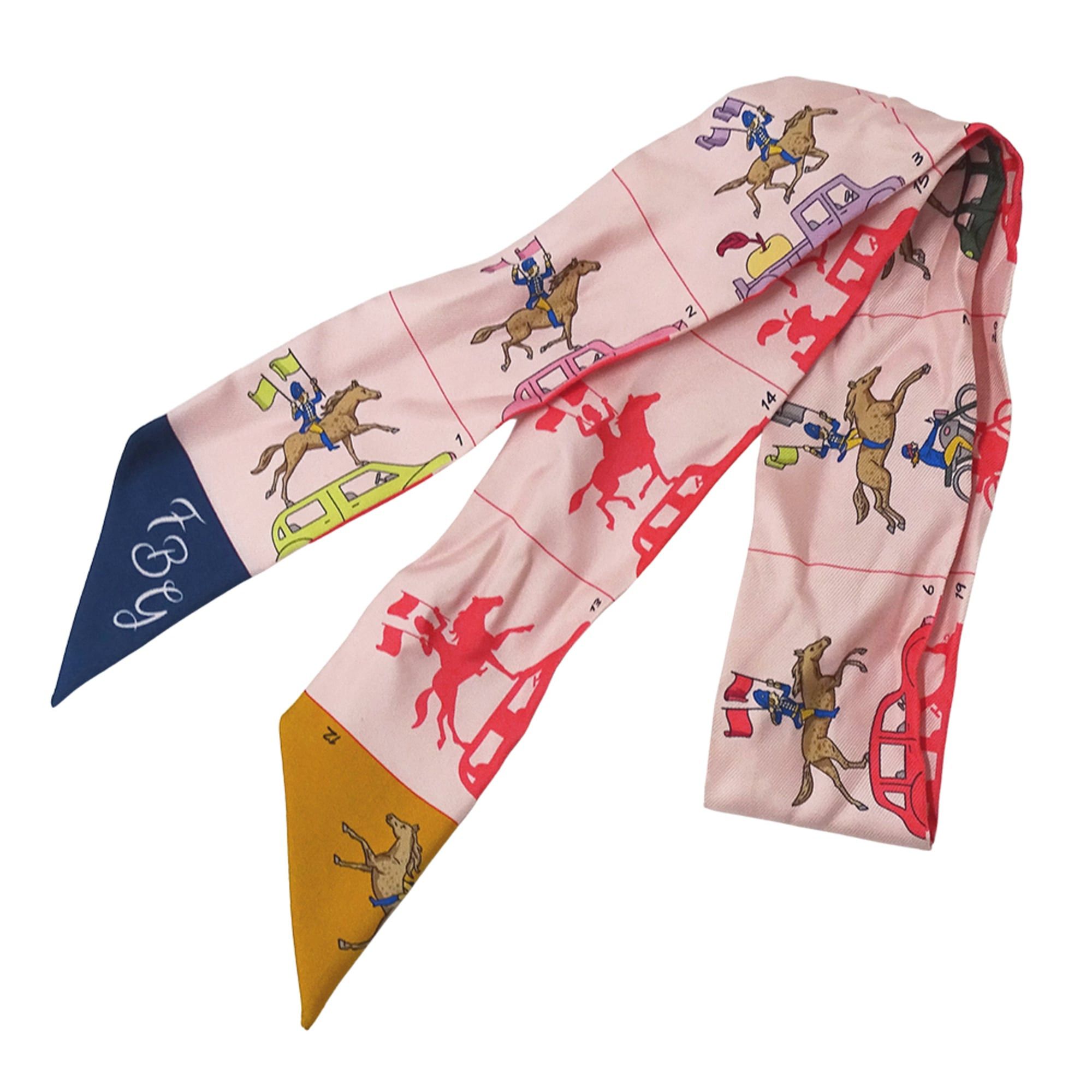 Hermes Hermes scarf/muffler for women, brand name, twilly, silk, pink, horse and carriage design. Size ONE SIZE - 1 Thumbnail