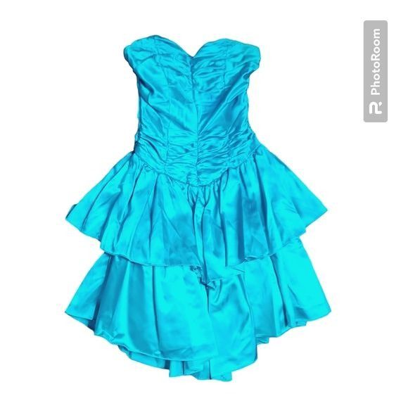 image of Vintage 80's 90's Blue Teal Satin Ruched Bodice Prom Hoco Form, Women's (Size XS)