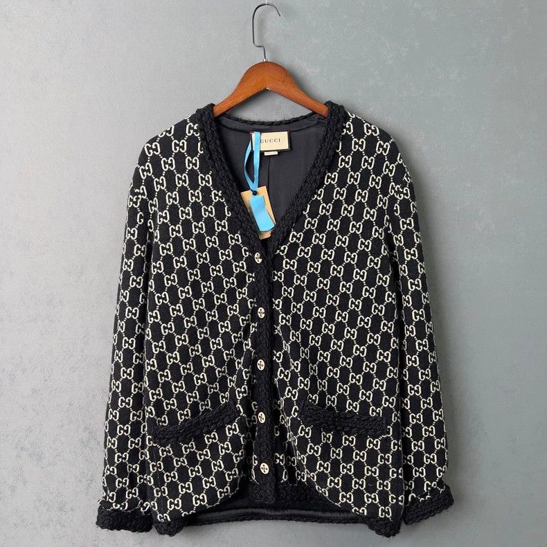 Gucci Black old flower full print GG wool cardigan coat