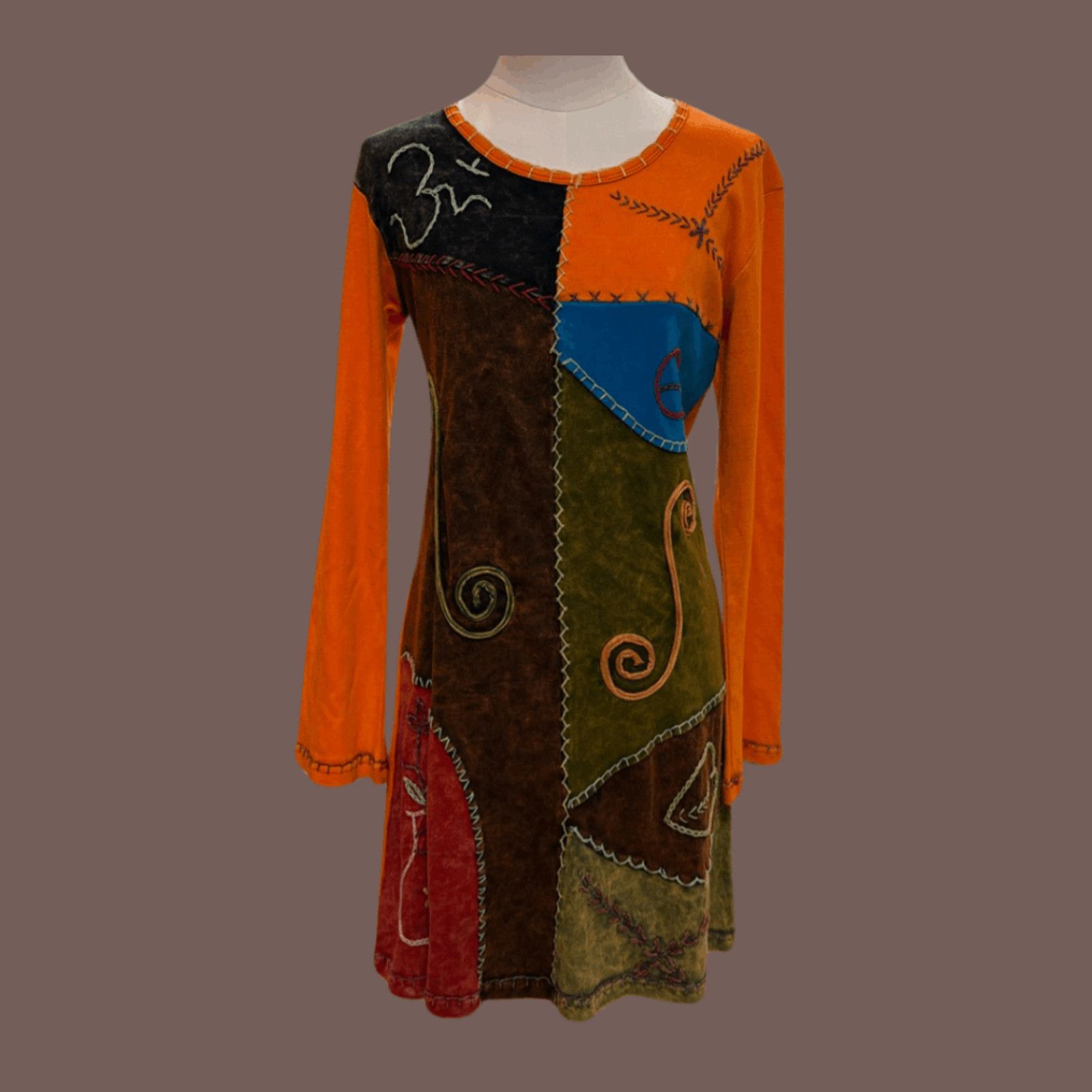 Vintage VTG Boho Mini Dress | Patchwork Cotton Nepal | 90s Festival Size L / US 10 / IT 46 - 1 Thumbnail