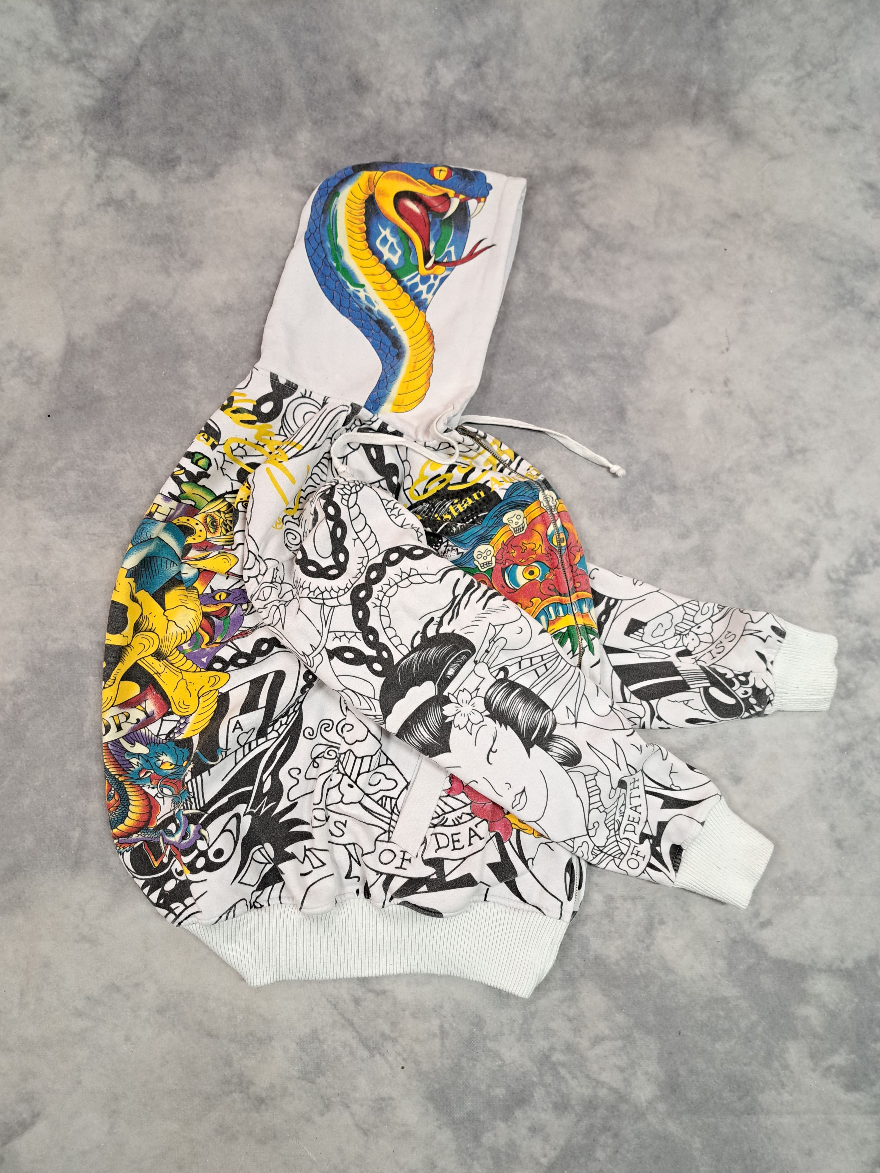 image of Ed Hardy Y2K Full Print Zip Hoodie Cobra Geisha Japanese Art in White, Men's (Size Large)