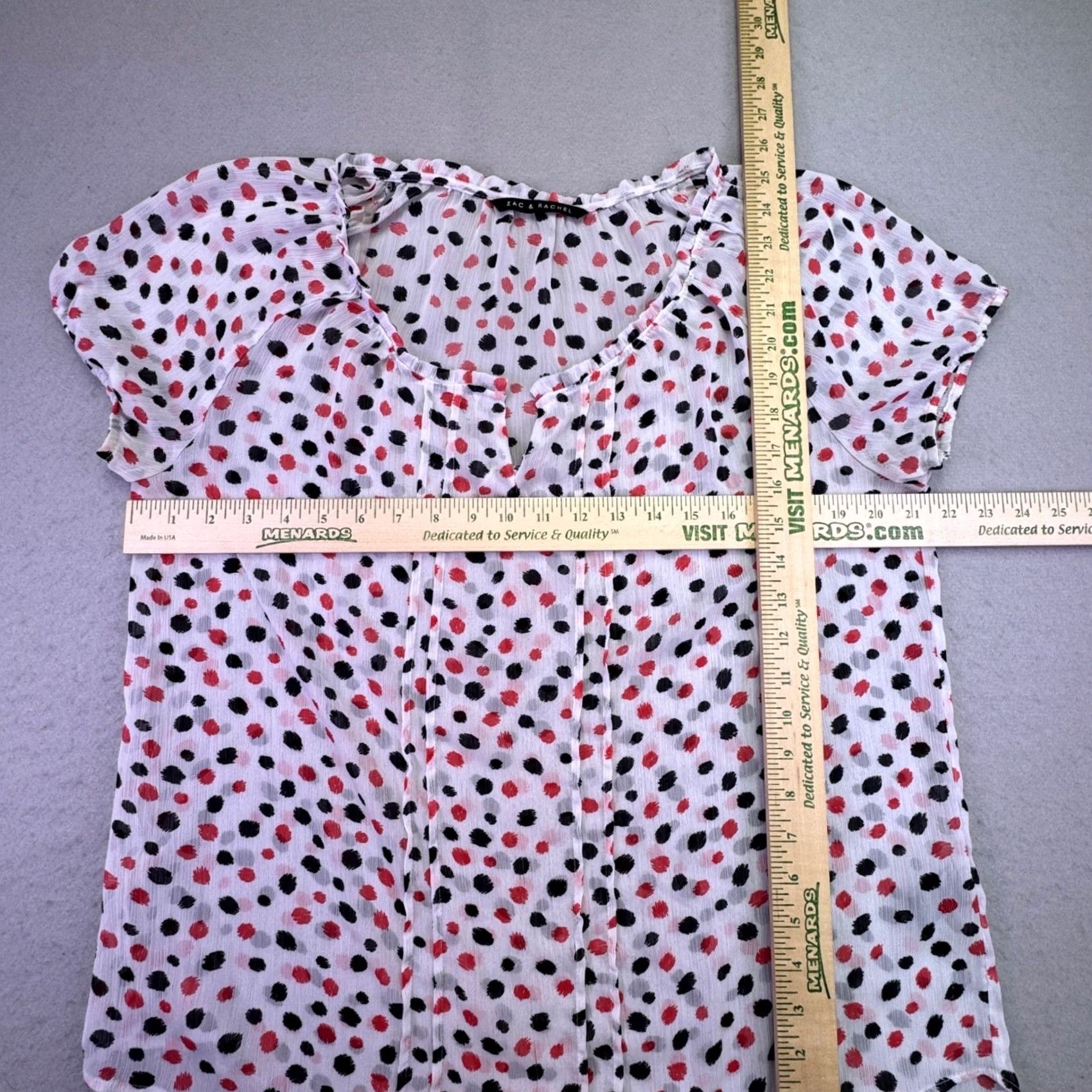 Vintage Zac & Rachel Blouse Women's XL White Red Black Dot Sheer Short Sleeve V-Neck Flutter Sleeve Polka Dot Pleated Breathable Unlined Casual Workwear Size XL / US 12-14 / IT 48-50 - 2 Thumbnail